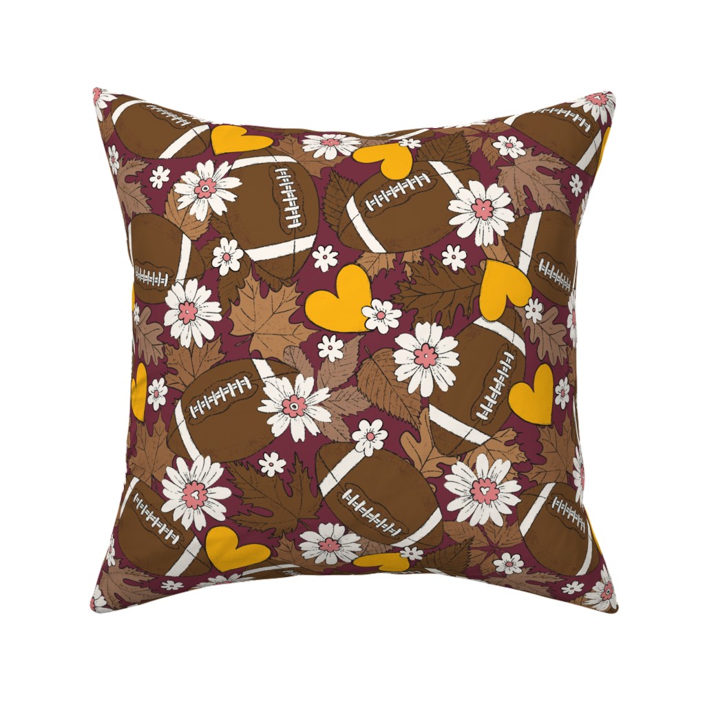 Football Fall and Florals Pillow, Woven, White, 16x16, Double Sided, Brown, Dark Chocolate