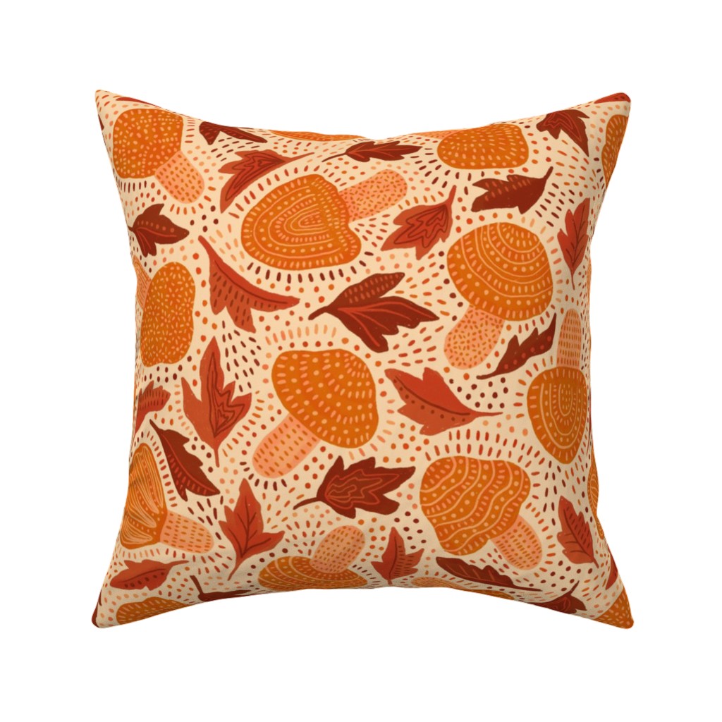 Autumn Mushrooms and Fallen Leaves Pillow, Woven, White, 16x16, Double Sided, Orange, Orange