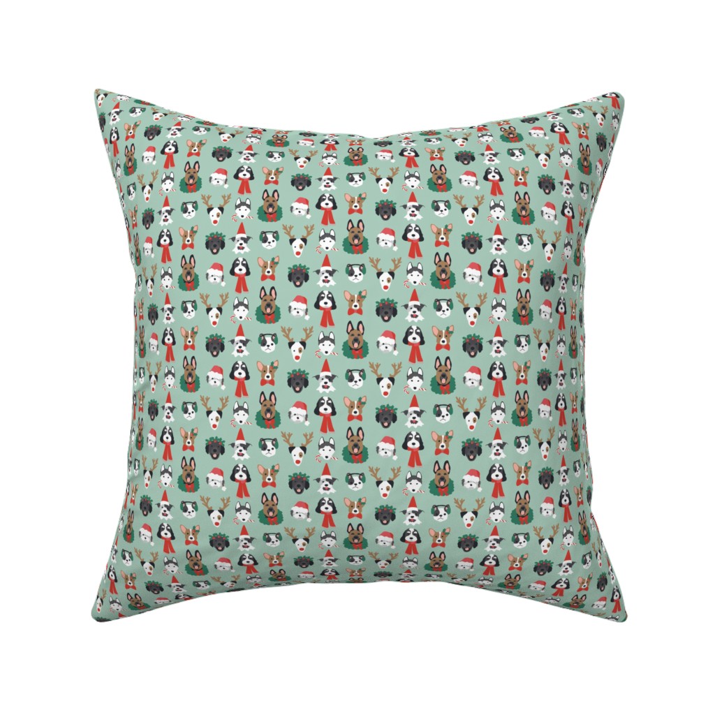 Christmas Holiday Puppy Dogs - Green Pillow, Woven, White, 16x16, Double Sided, Green