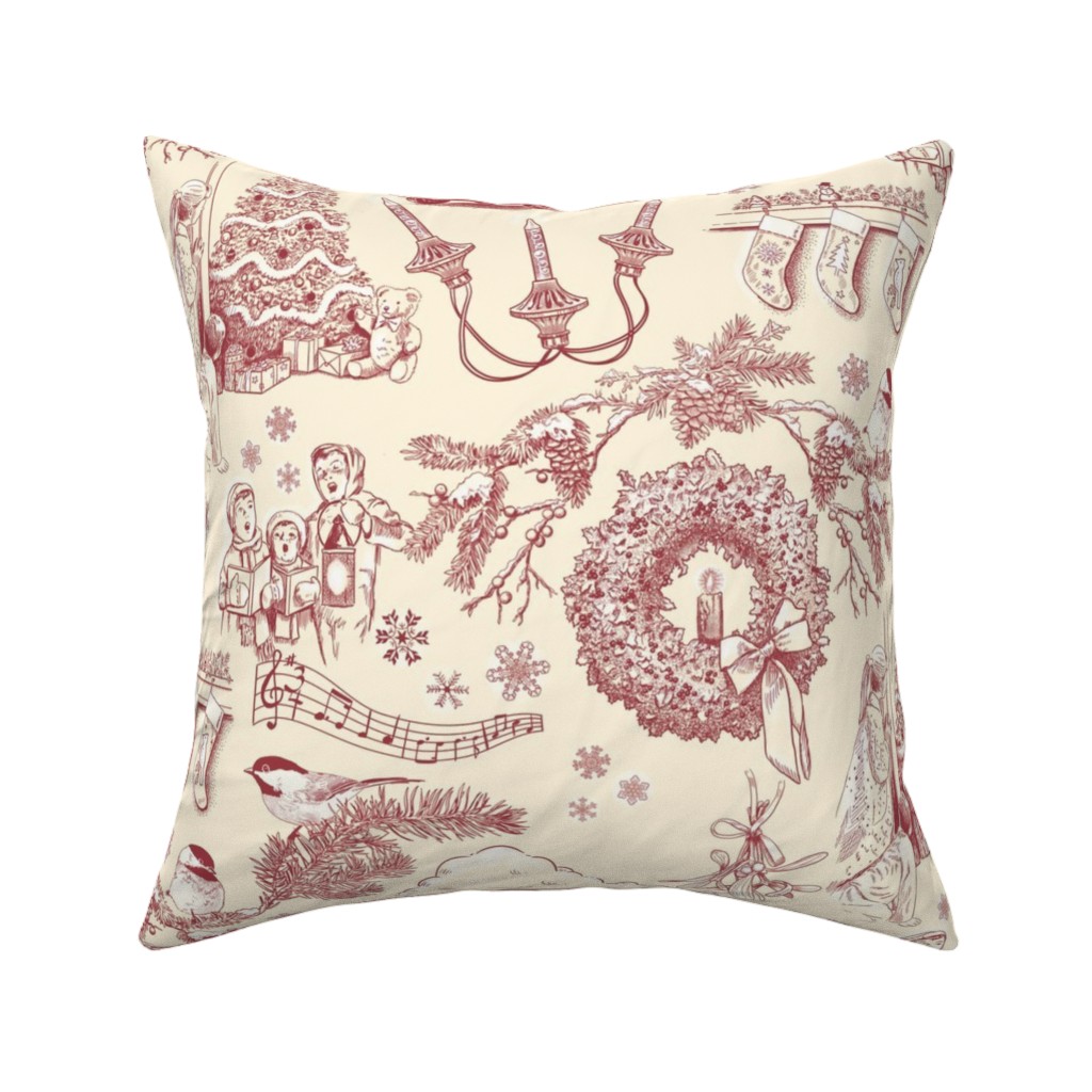 Holiday Traditions Toile - Red on Cream Pillow, Woven, White, 16x16, Double Sided, Red