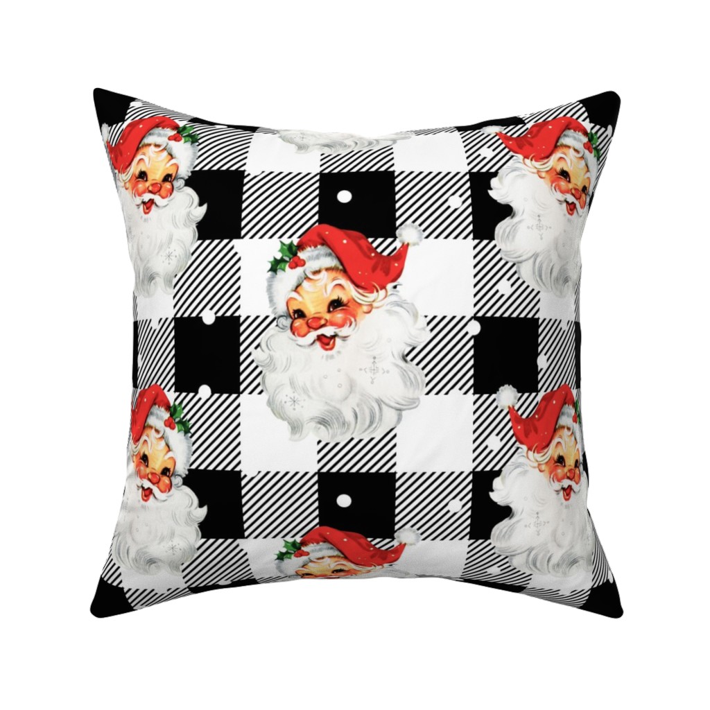 Jolly Retro Santa and Plaid - Black and White Pillow, Woven, White, 16x16, Double Sided, Multicolor