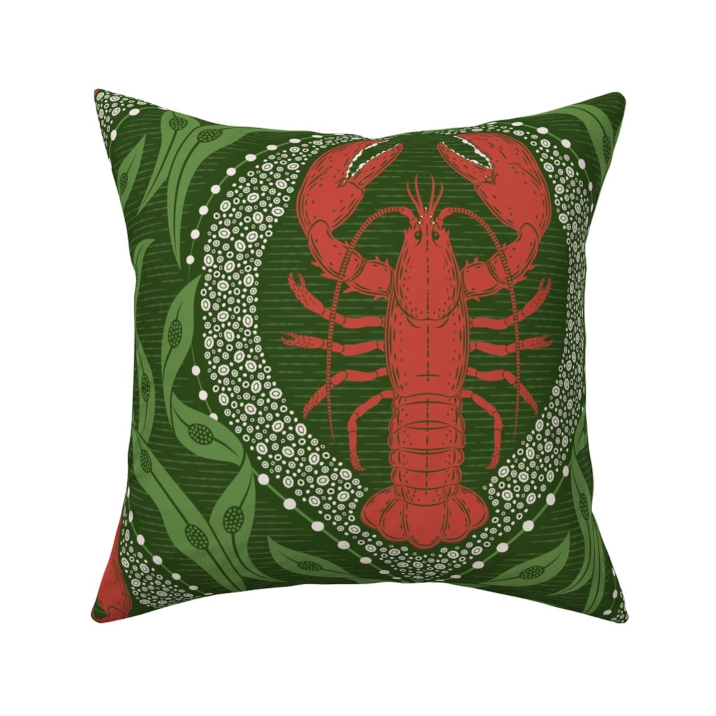 Lobster and Seaweed Nautical Damask Pillow, Woven, White, 16x16, Double Sided, Green, Leaf