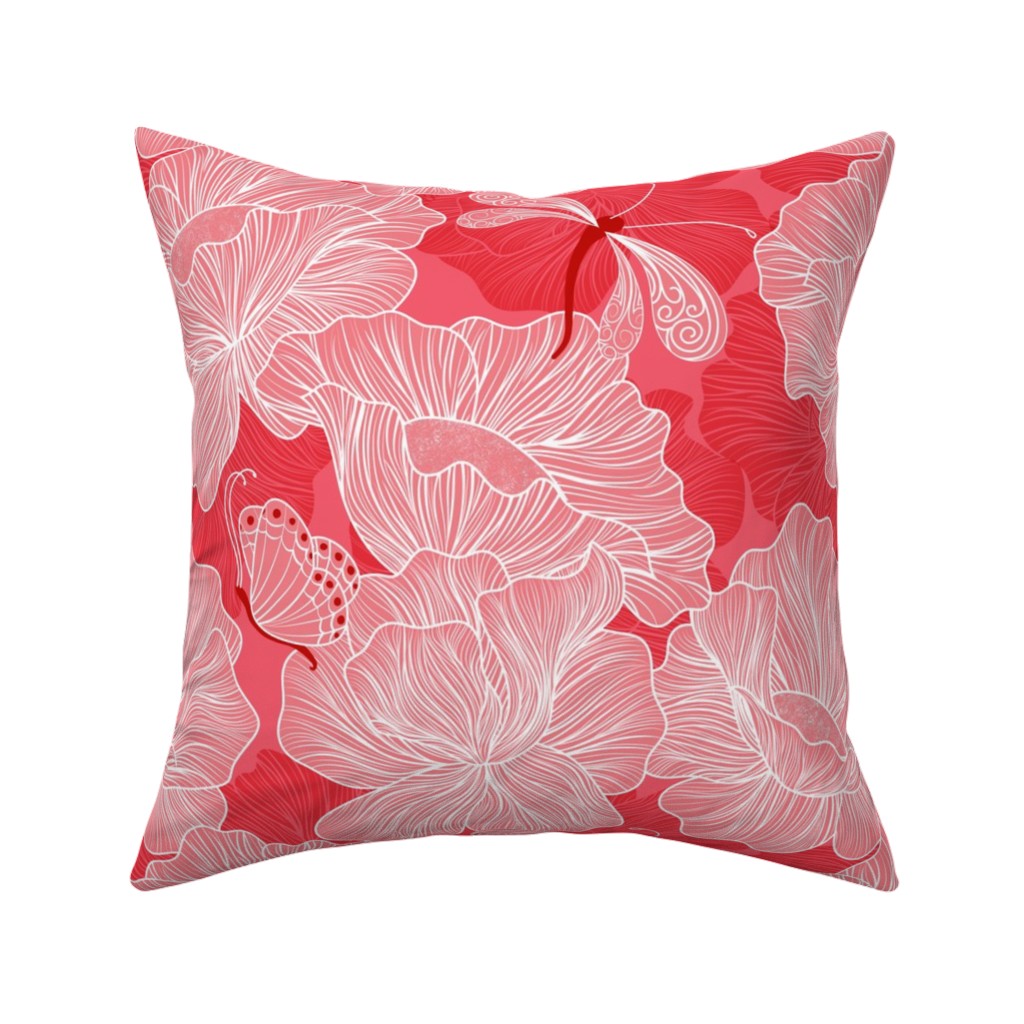 Floral & Butterflies on Scarlet Pillow, Woven, White, 16x16, Double Sided, Pink