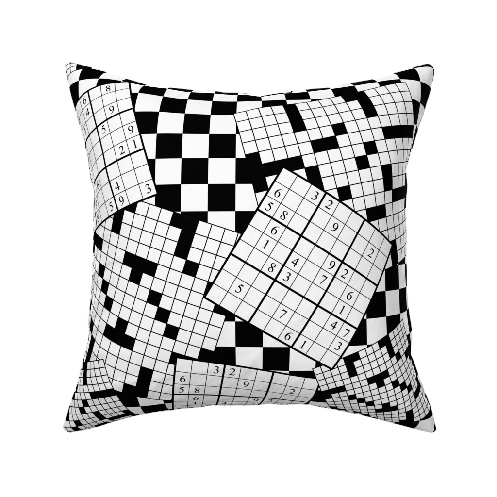 the Daily Puzzles - Black and White Pillow, Woven, White, 16x16, Double Sided, Black
