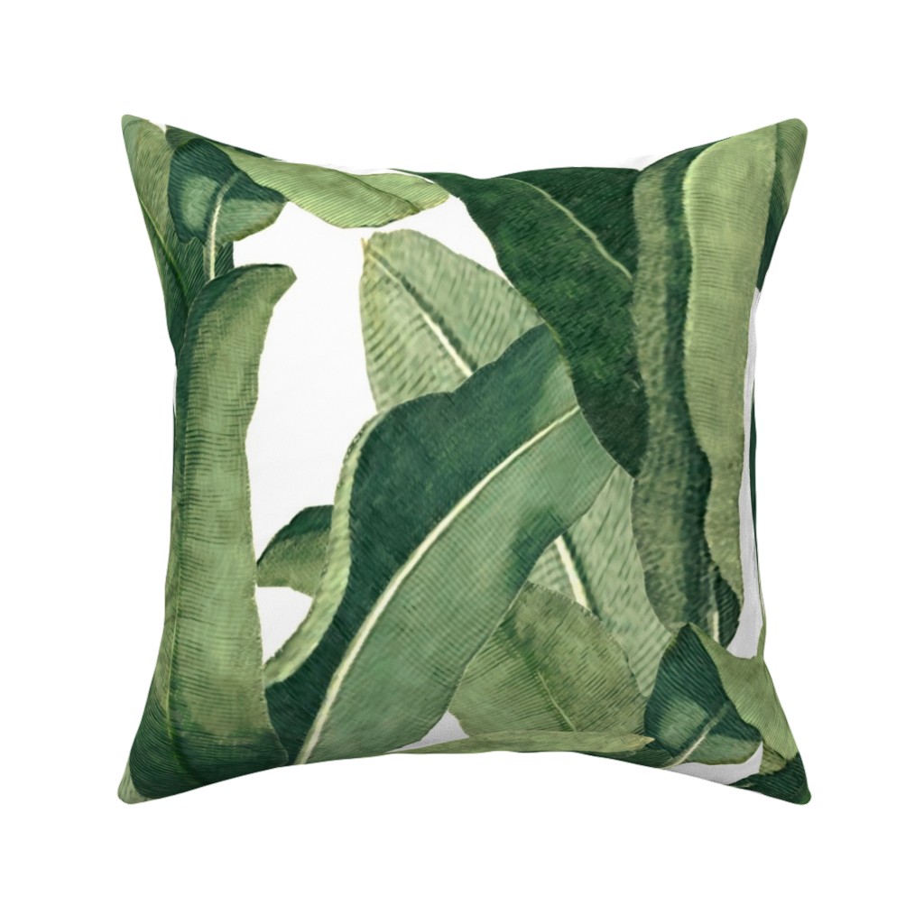 Tropical Leaves - Greens on White Pillow, Woven, White, 16x16, Double Sided, Green