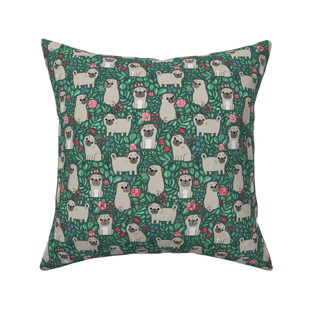 Cute Pugs and Flowers - Multicolor Pillow, Woven, White, 16x16, Double Sided, Green
