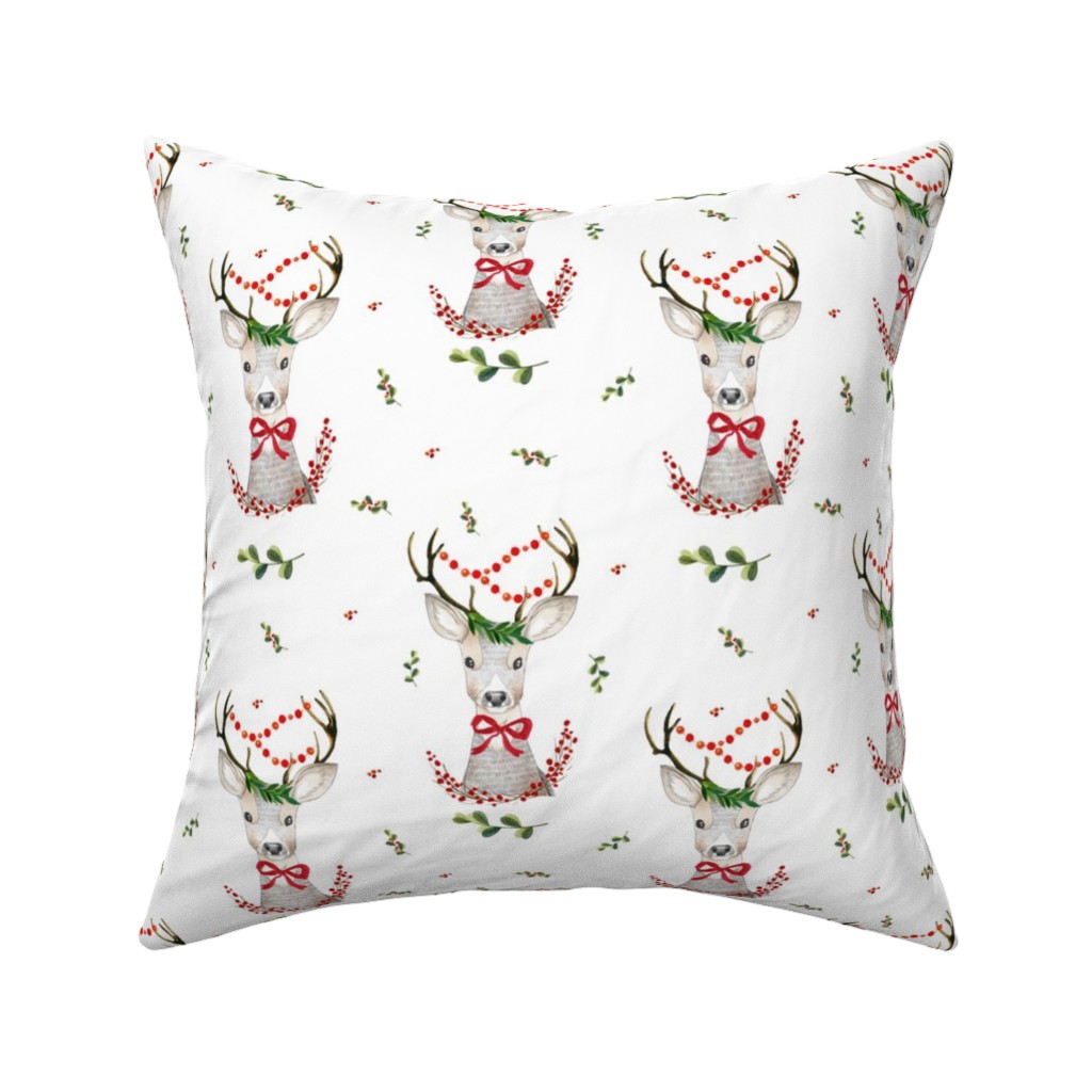 Holiday Fancy Deer With Holly Pillow, Woven, White, 16x16, Double Sided, Multicolor