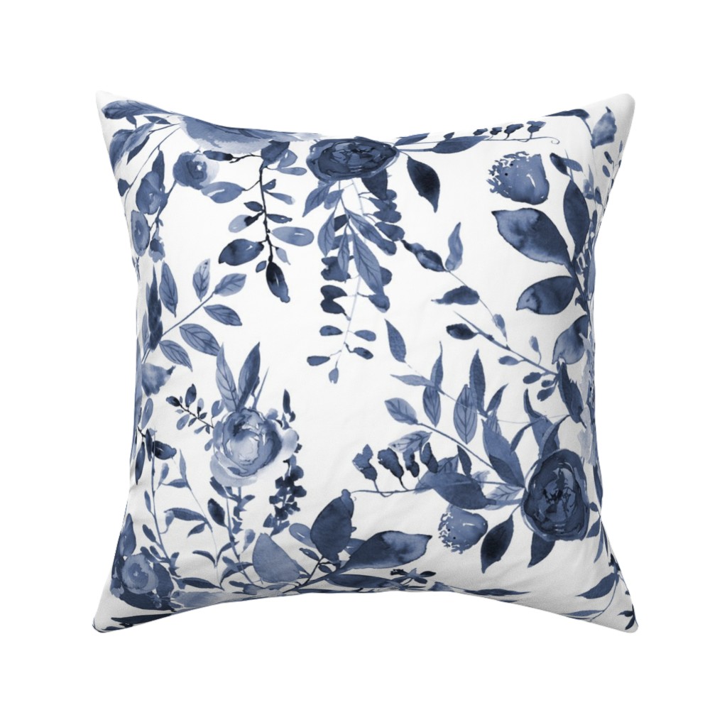 Blue and White Florals - Indigo Pillow, Woven, White, 16x16, Double Sided, Blue, True Blue