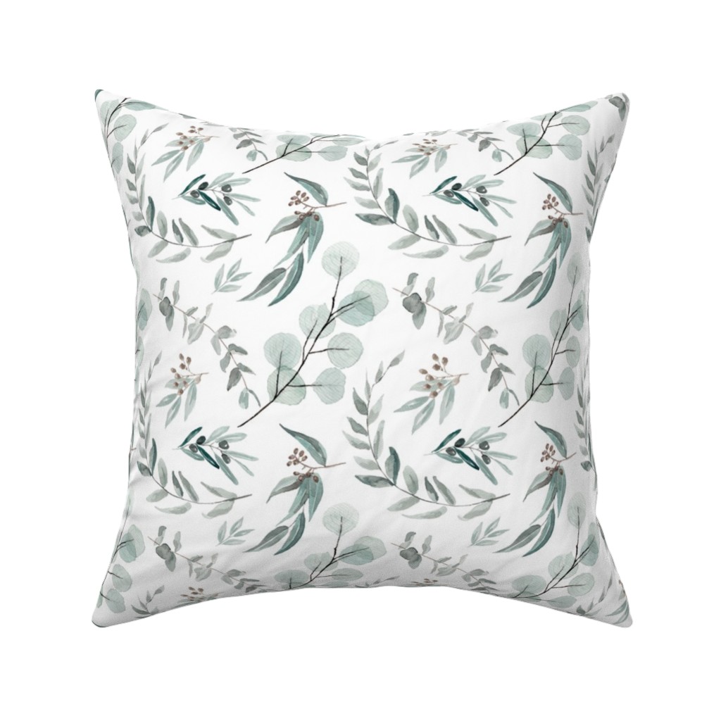 Eucalyptus Leaves Pillow, Woven, White, 16x16, Double Sided, Green