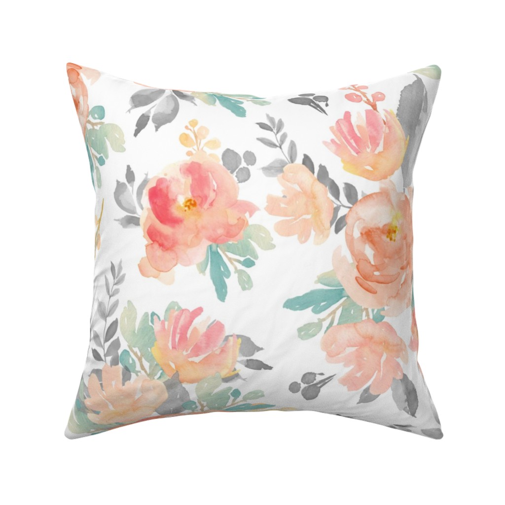 Watercolor Florals Pillow, Woven, White, 16x16, Double Sided, Orange, White