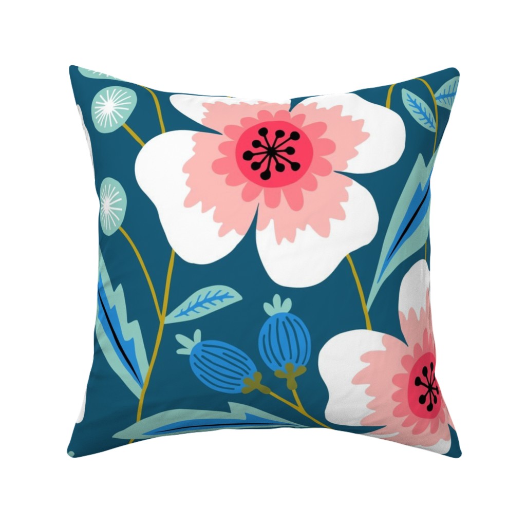 Colorful Spring Flowers - Pink on Blue Pillow, Woven, White, 16x16, Double Sided, Green