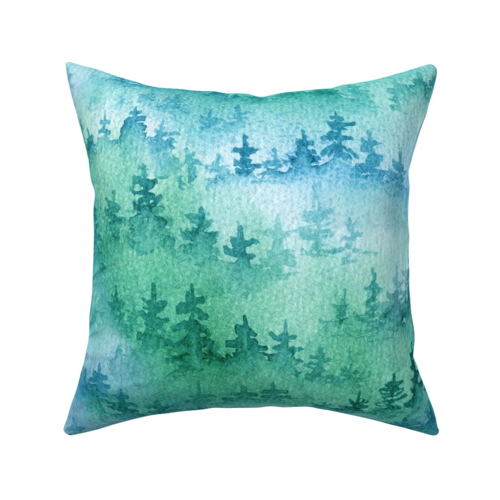 Foggy Forest - Blue and Green Pillow, Woven, White, 16x16, Double Sided, Green