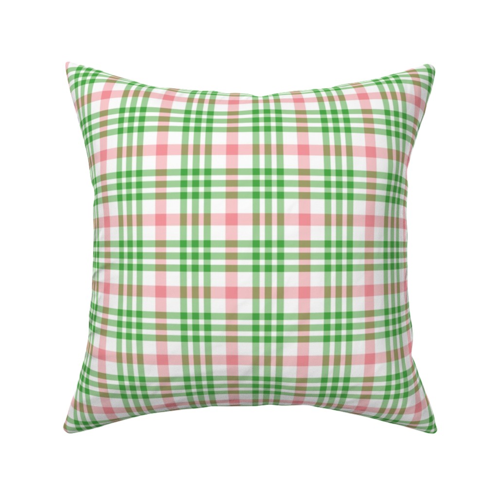 Pink, Green, and White Plaid Pillow, Woven, White, 16x16, Double Sided, Green