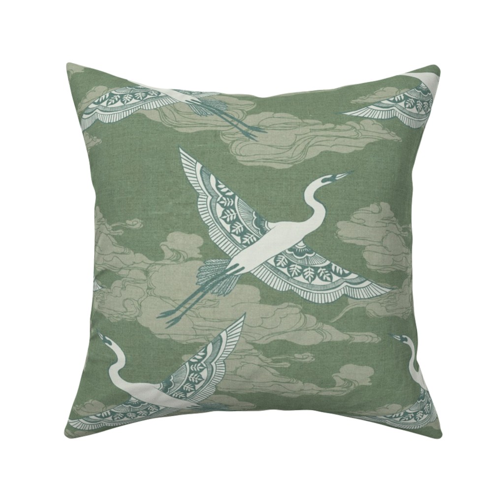 Egrets - Green Pillow, Woven, White, 16x16, Double Sided, Green