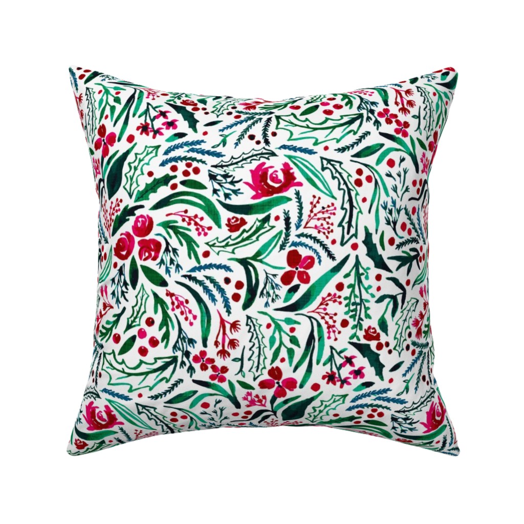 Noel Collection - Loose Floral Pillow, Woven, White, 16x16, Double Sided, Multicolor