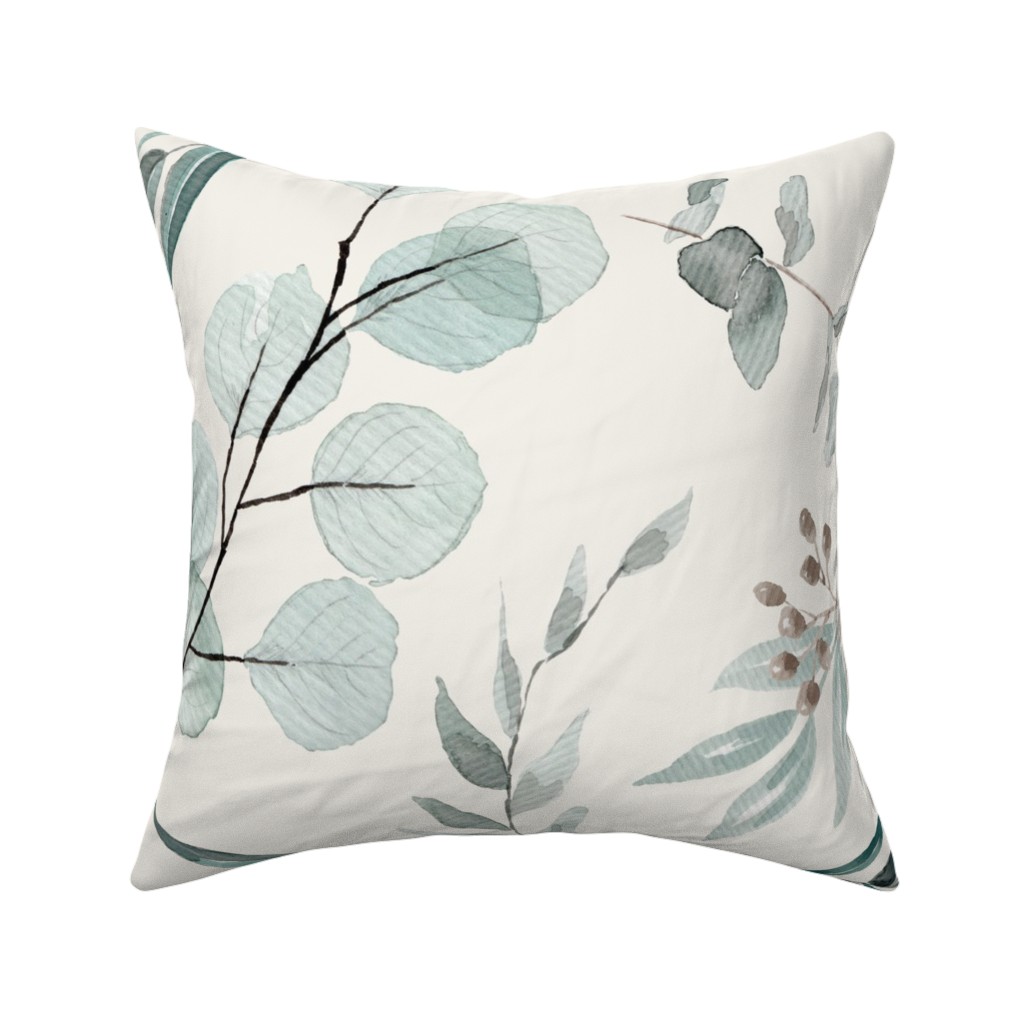 Eucalyptus Leaves on Cream Background Pillow, Woven, White, 16x16, Double Sided, Green