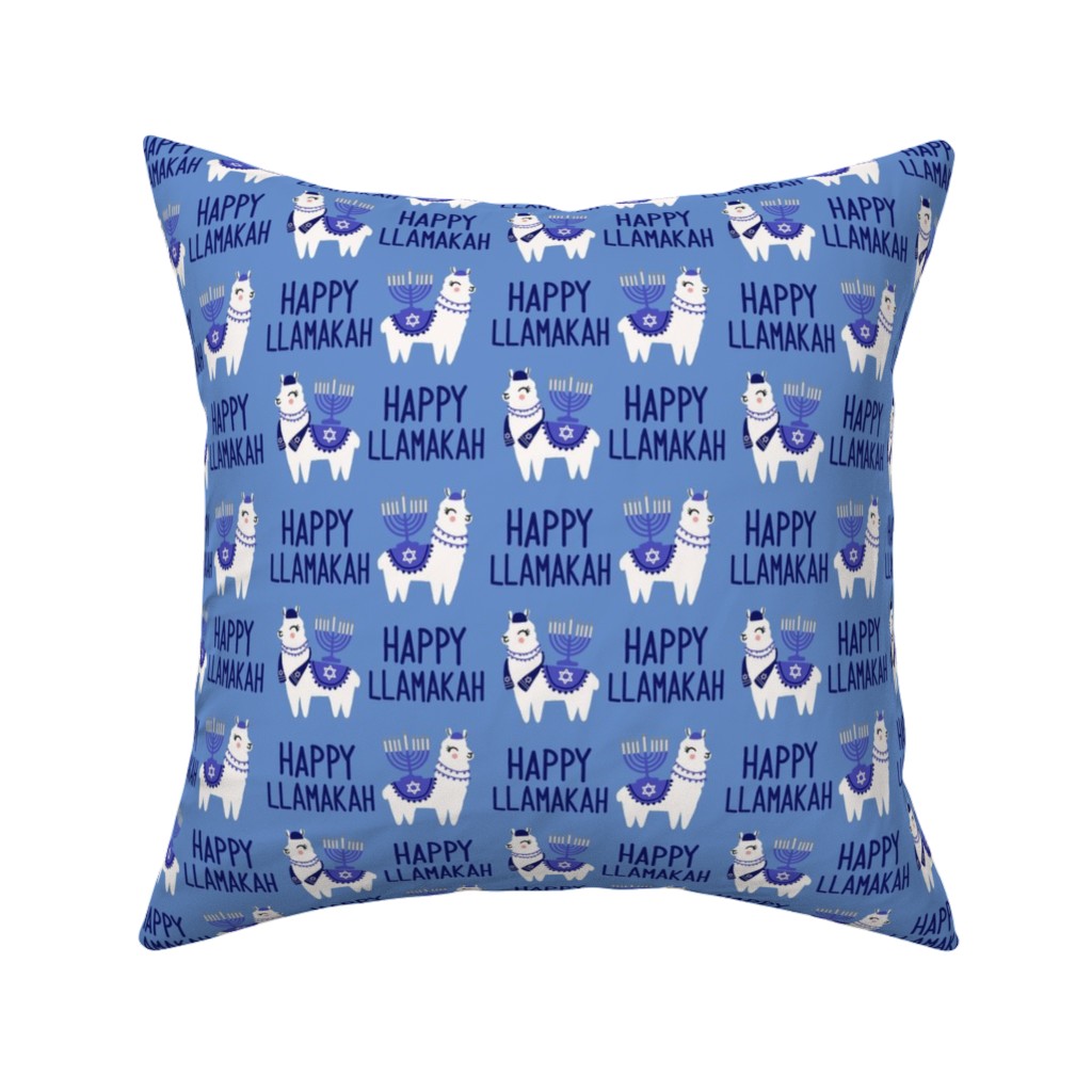 Happy Llamakah on Blue Pillow, Woven, White, 16x16, Double Sided, Blue