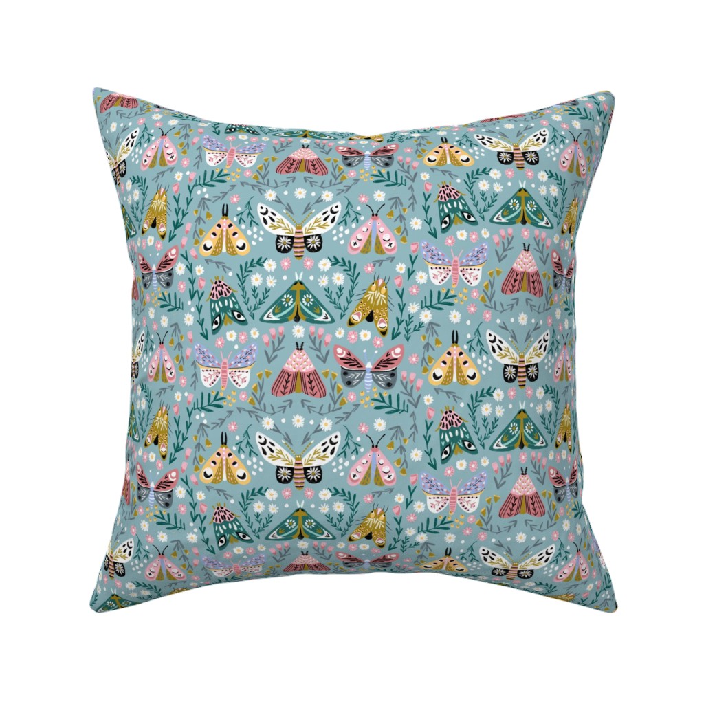 Spring Floral and Butterflies - Blue Pillow, Woven, White, 16x16, Double Sided, Multicolor