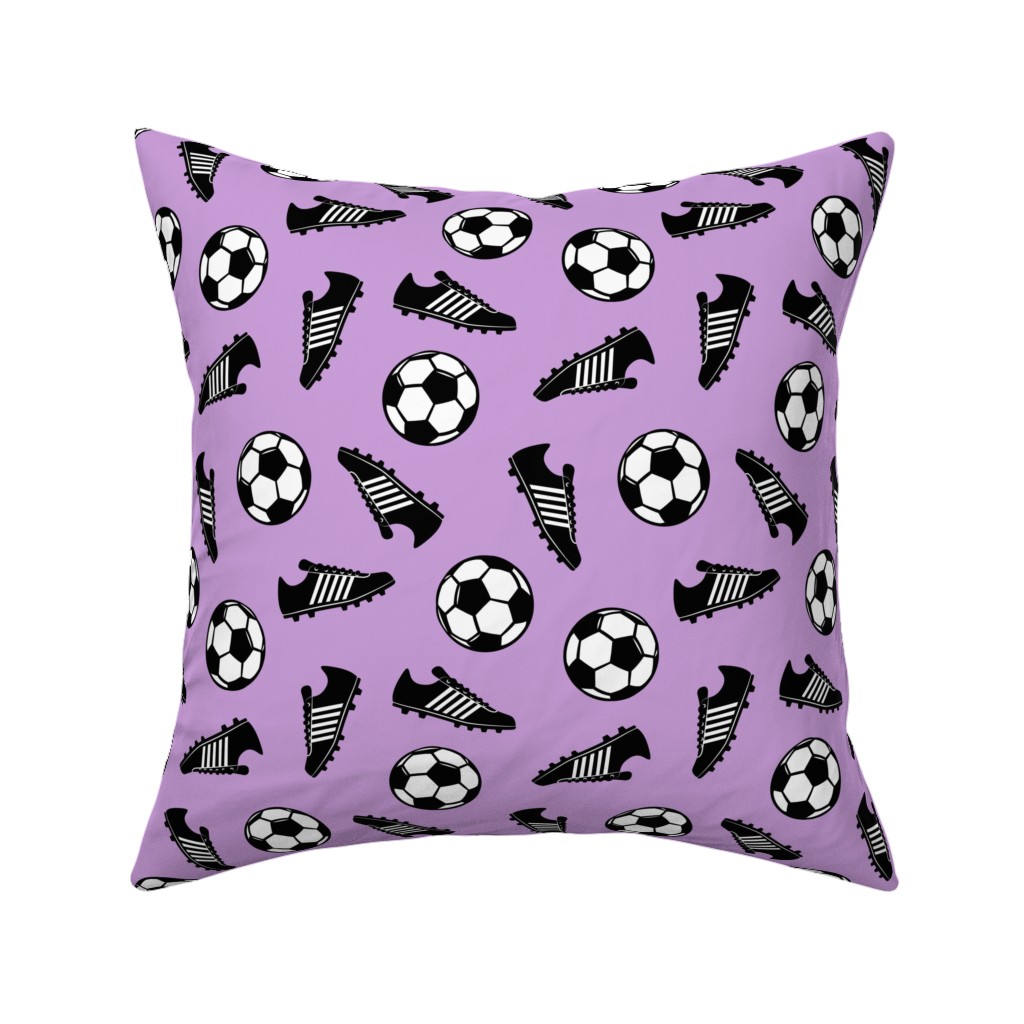 Soccer Balls and Cleats Pillow, Woven, White, 16x16, Double Sided, Purple, Violet