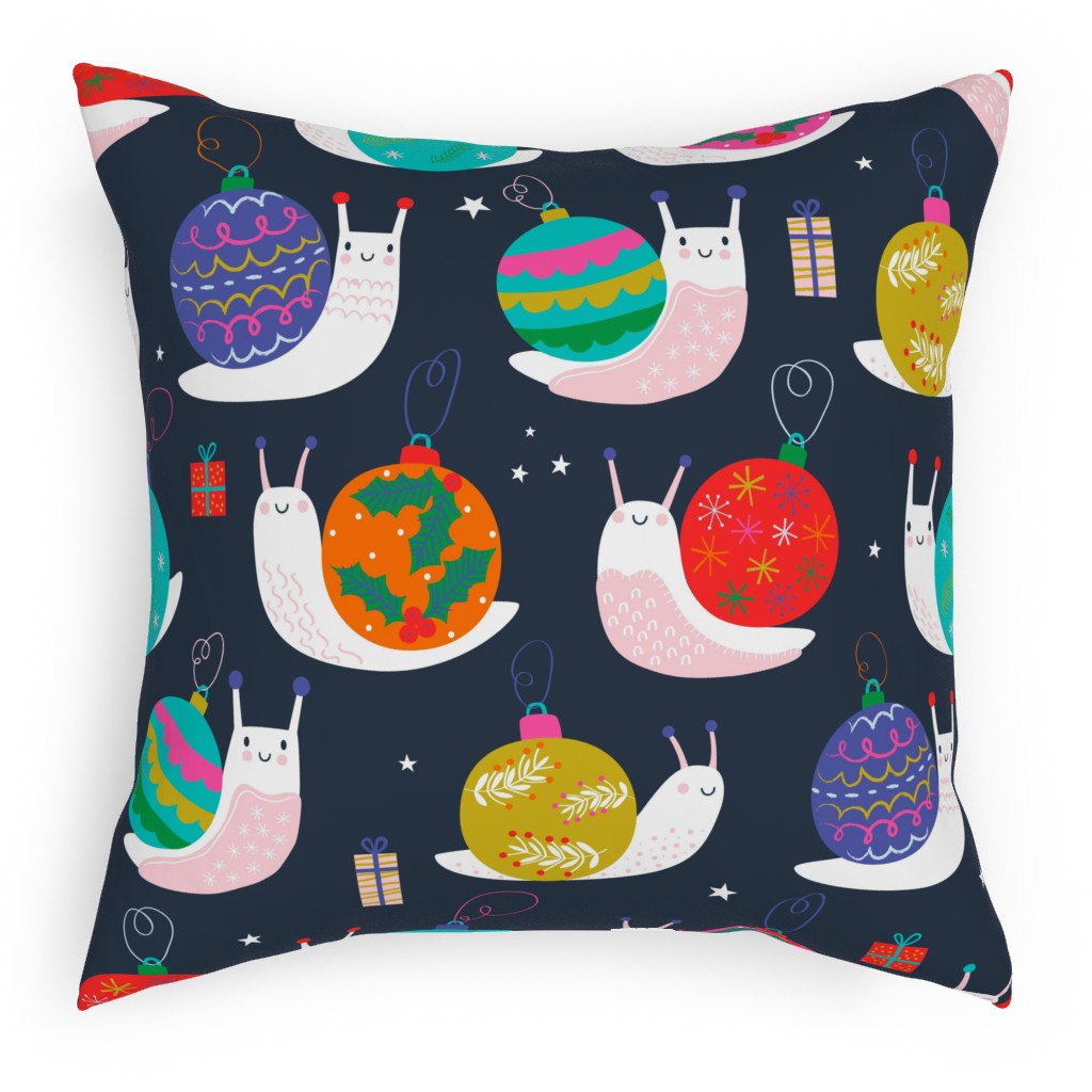 Christmas Bauble Snails - Navy Pillow, Woven, White, 18x18, Double Sided, Multicolor