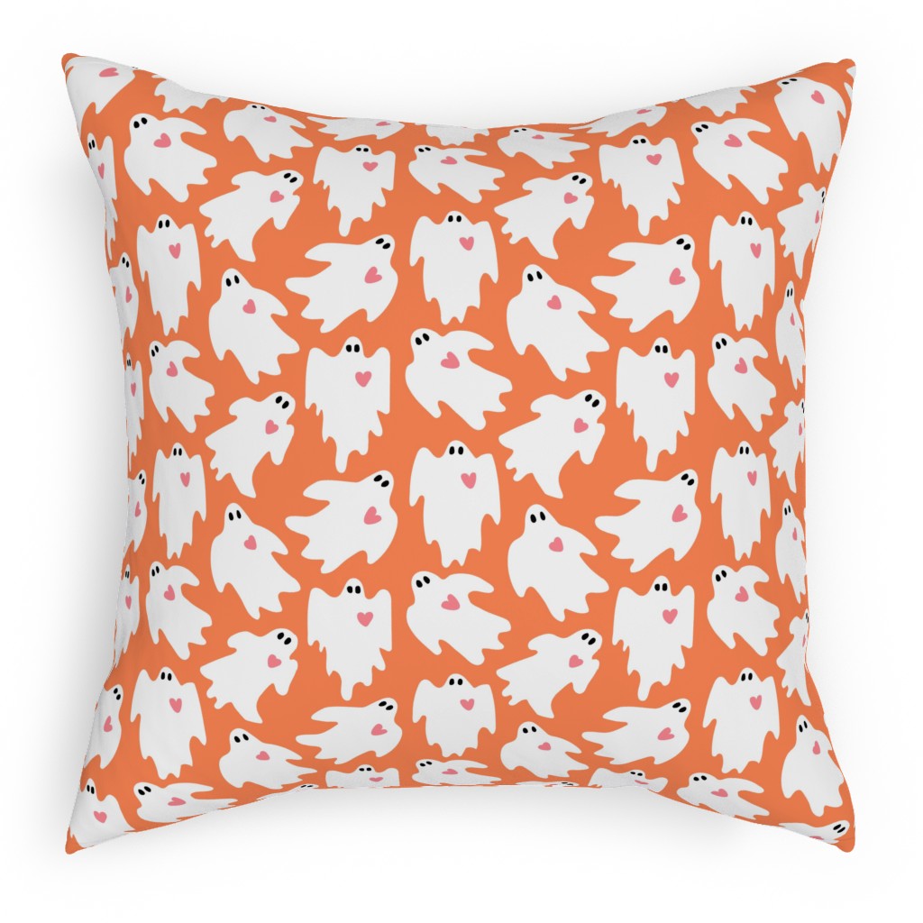 Halloween Ghosts With Hearts - Orange Pillow, Woven, White, 18x18, Double Sided, Orange