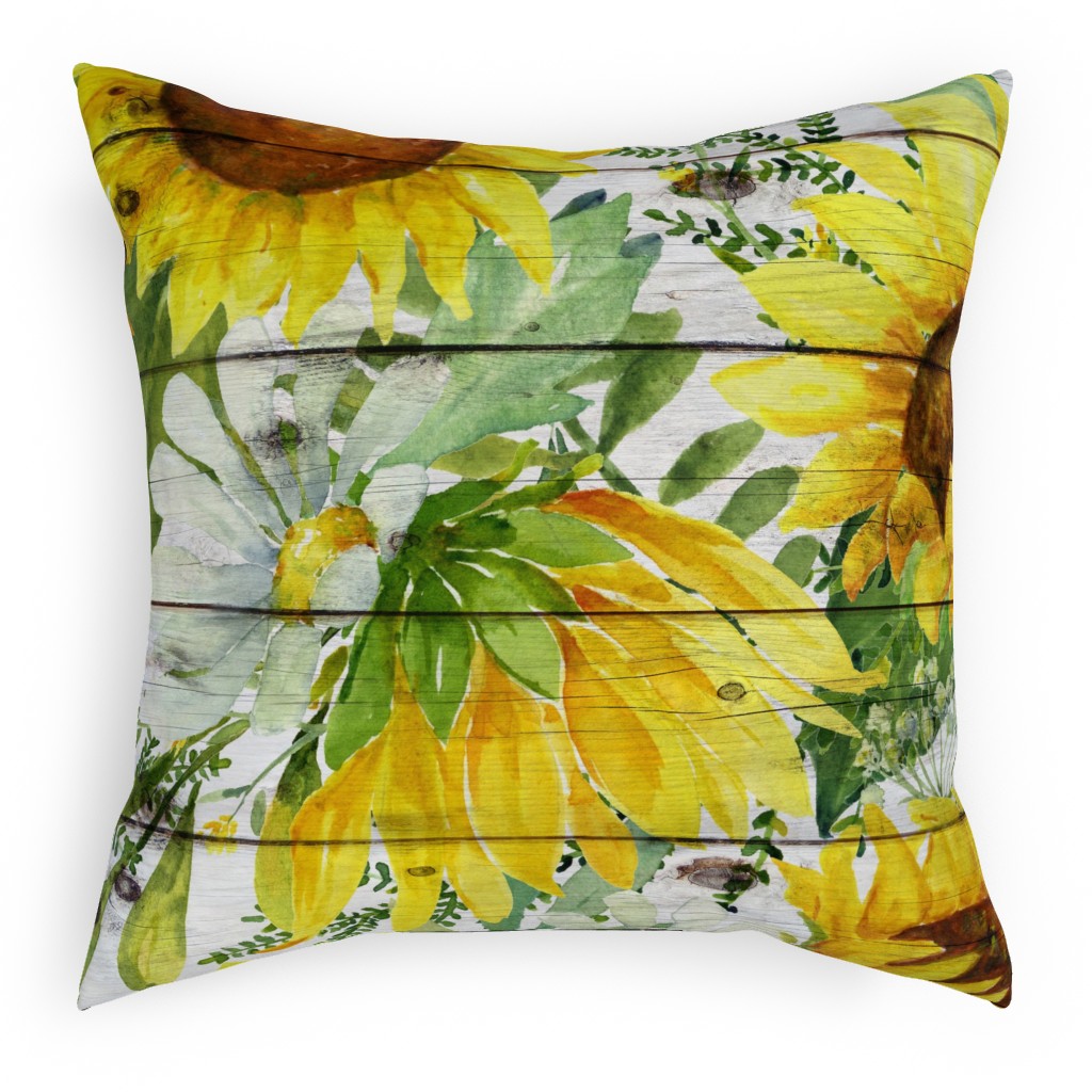 Watercolor Sunflowers and Daisies - Multi Pillow, Woven, White, 18x18, Double Sided, Multicolor