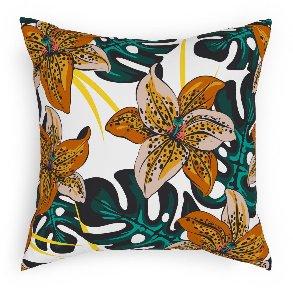 Tropical Lily on White Pillow, Woven, White, 18x18, Double Sided, Multicolor