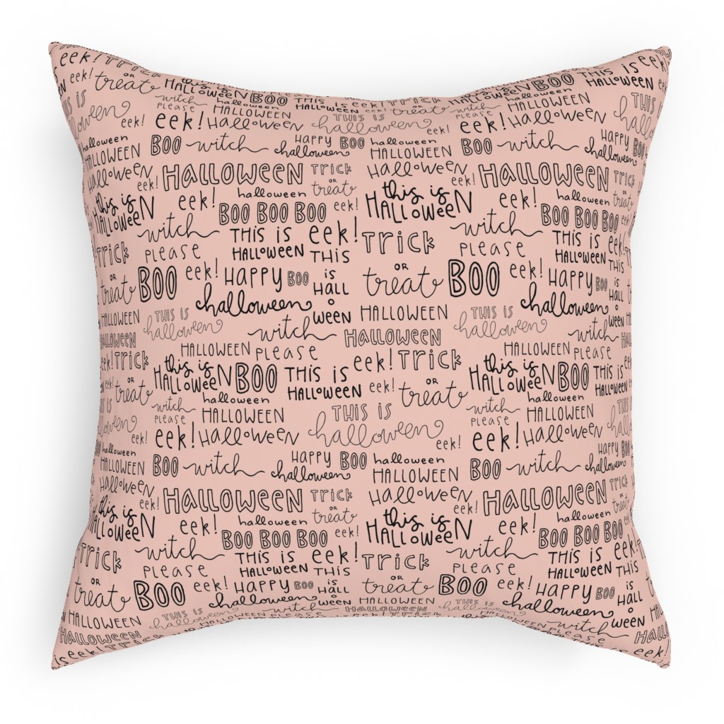 Halloween Words - Black Pillow, Woven, White, 18x18, Double Sided, Pink