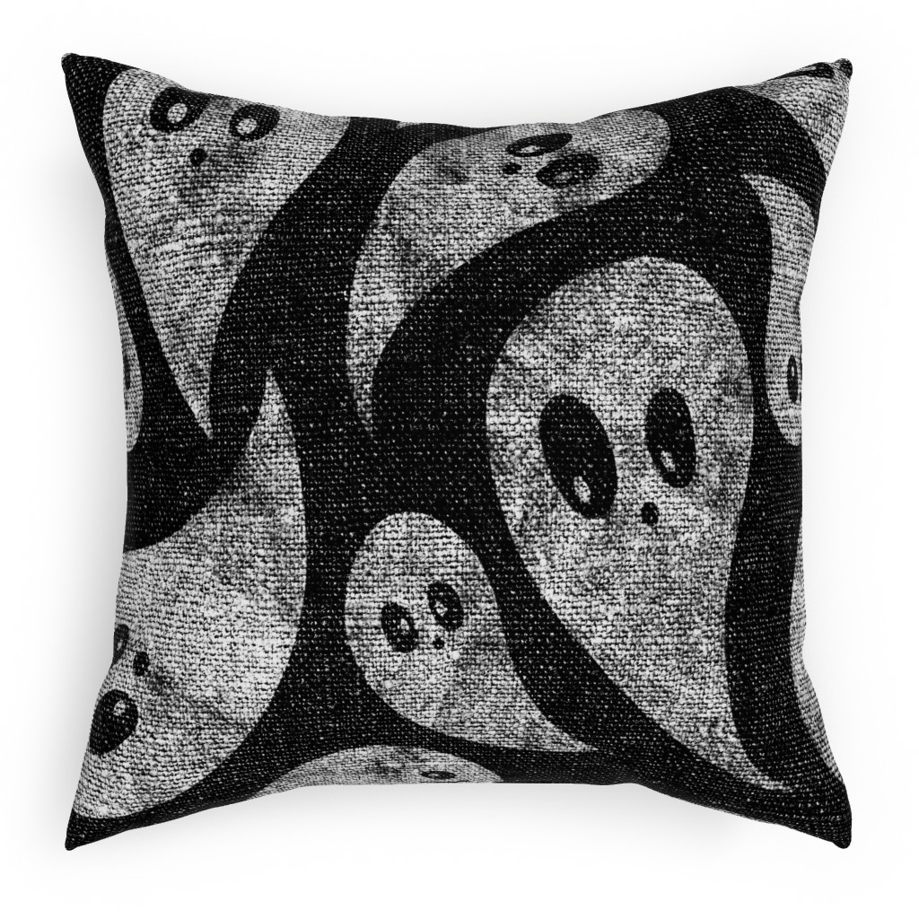 Spooky Ghosts - Black Pillow, Woven, White, 18x18, Double Sided, Black