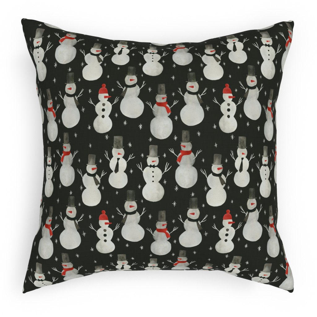 Watercolor Snowmen Pillow, Woven, White, 18x18, Double Sided, Black