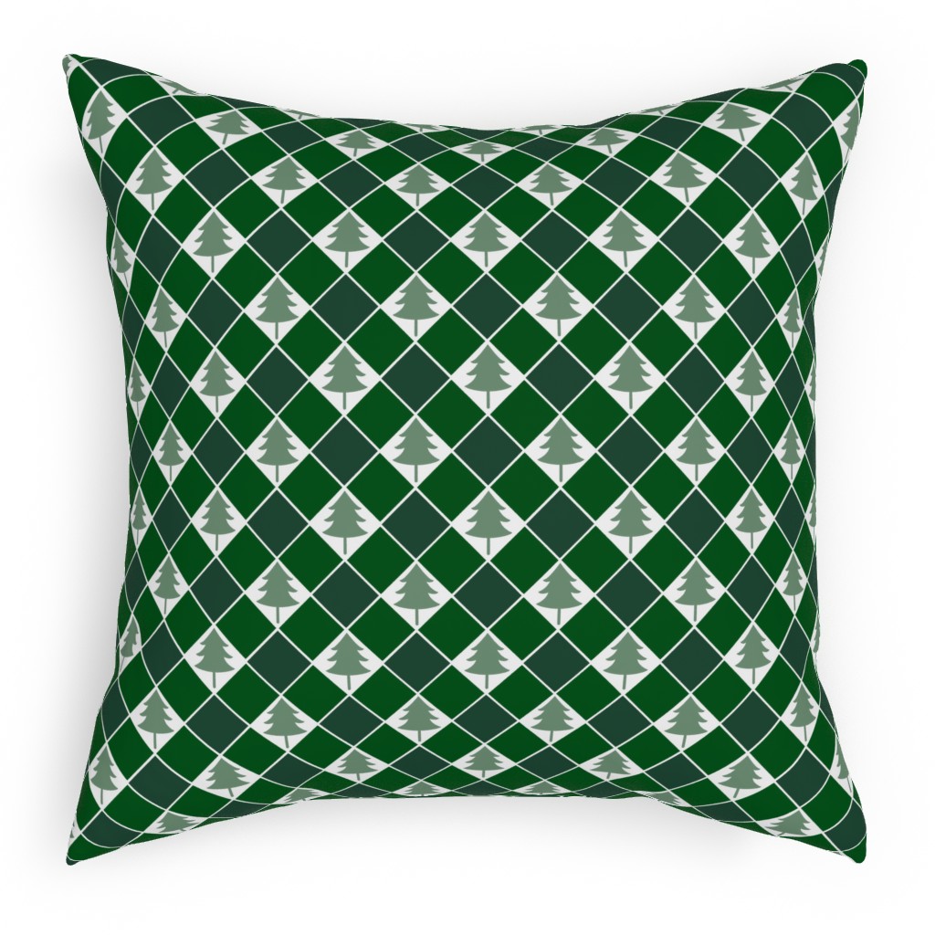 Christmas Tree Checkers - Green Pillow, Woven, White, 18x18, Double Sided, Green