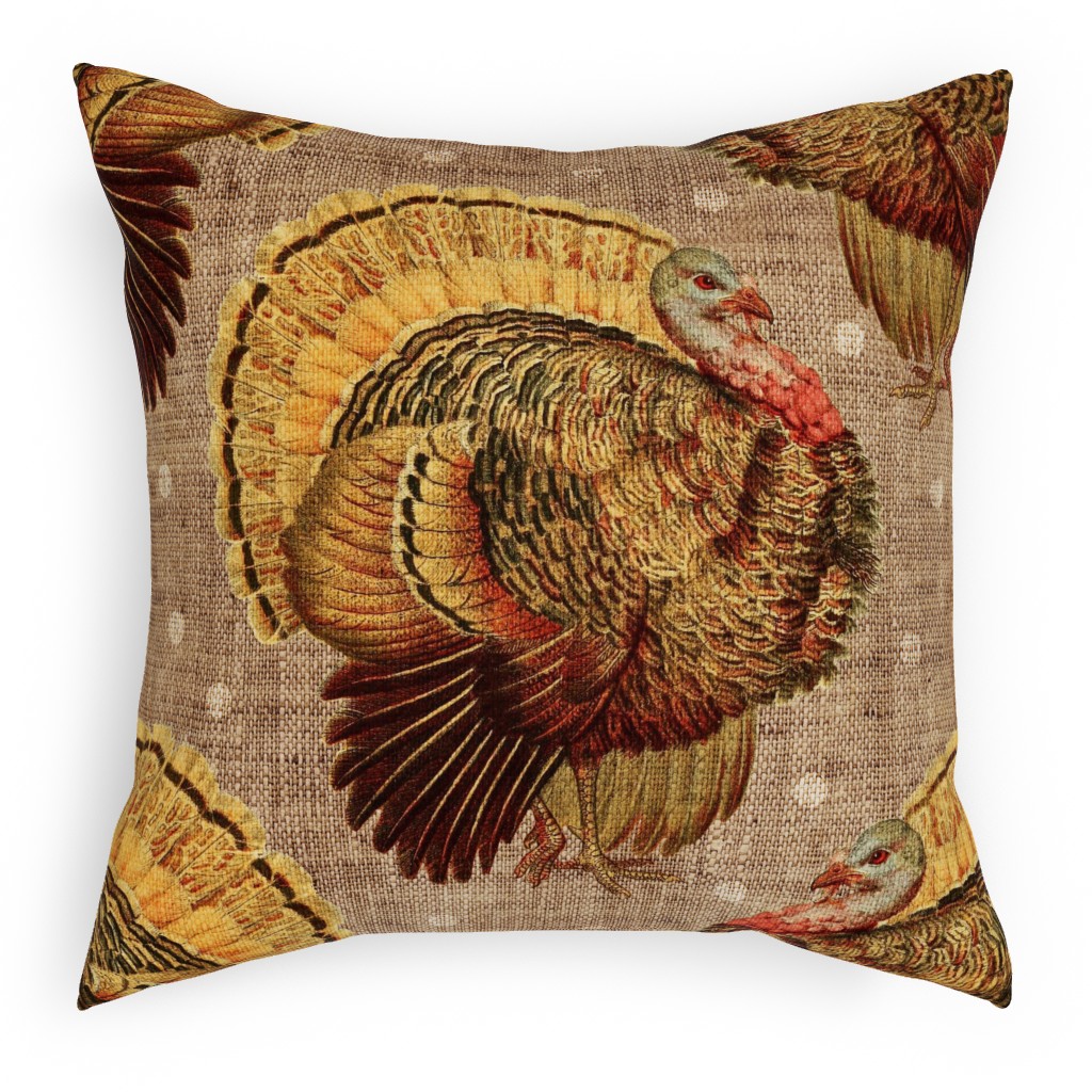 Vintage Turkey - Burlap Pillow, Woven, White, 18x18, Double Sided, Brown