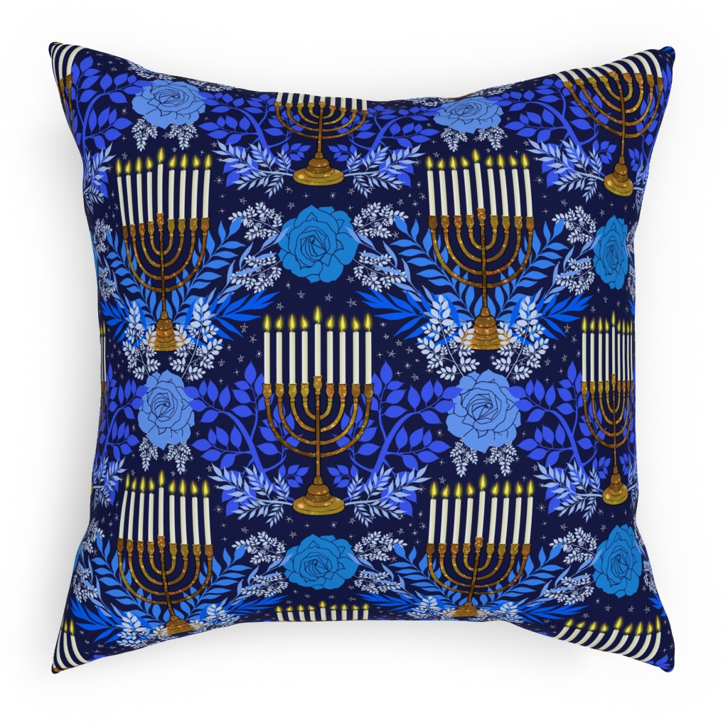 Floral Menorahs Pillow, Woven, White, 18x18, Double Sided, Blue