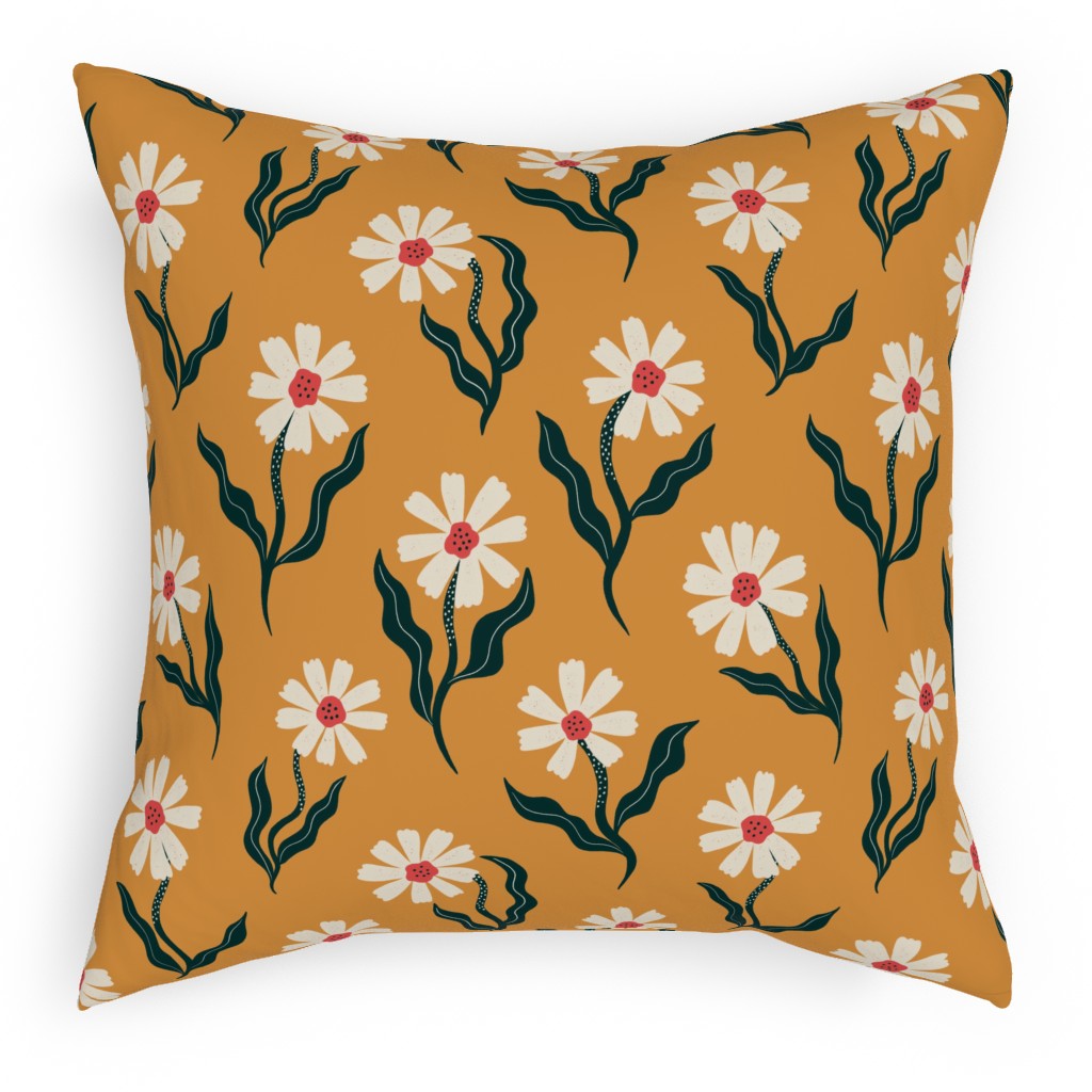 Flower Power - Orange Pillow, Woven, White, 18x18, Double Sided, Yellow