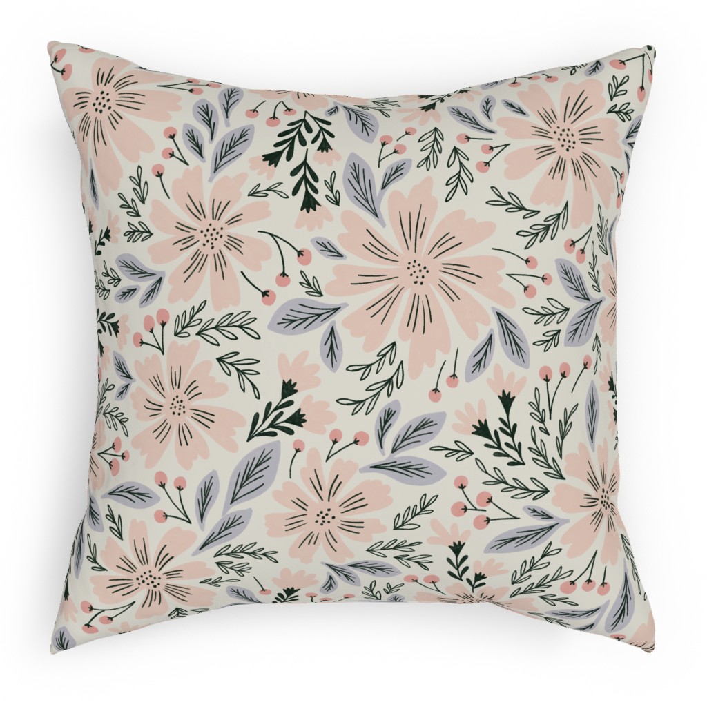 Flora - Pink Pillow, Woven, White, 18x18, Double Sided, Pink