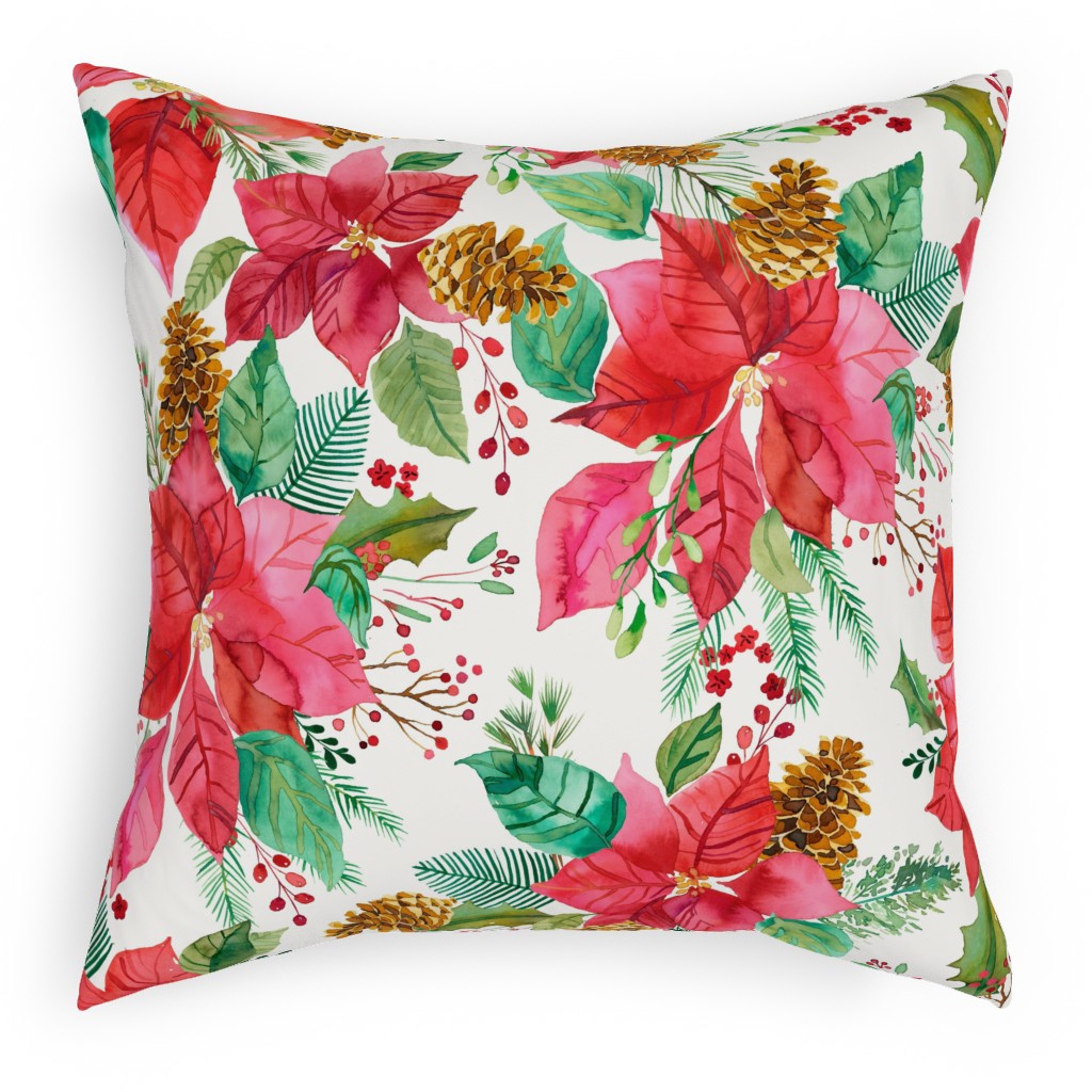 Poinsettias Christmas Flower Bouquets - Red Pillow, Woven, White, 18x18, Double Sided, Red