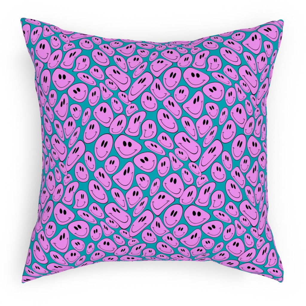 Retro Smiley Face - Blue and Purple Pillow, Woven, White, 18x18, Double Sided, Purple