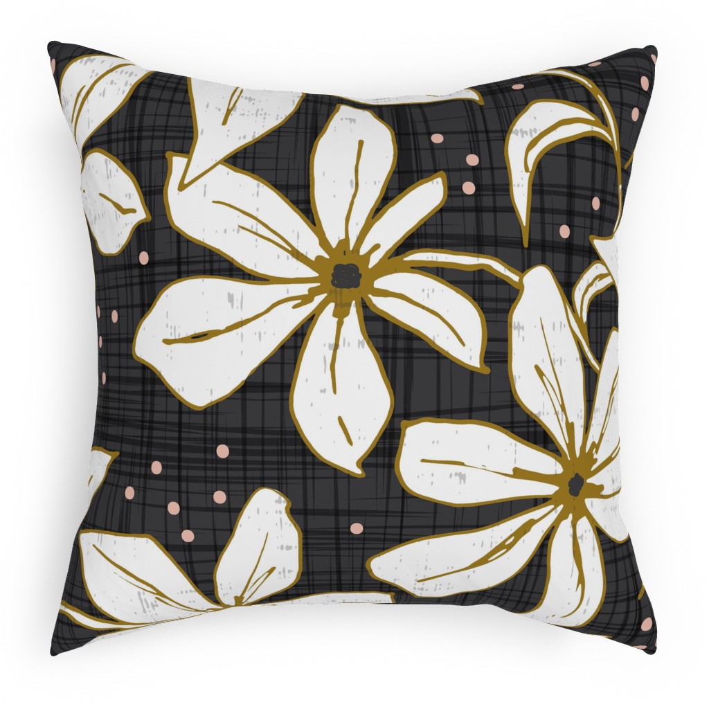 Lilium - Floral - Charcoal Black & White Pillow, Woven, White, 18x18, Double Sided, Black