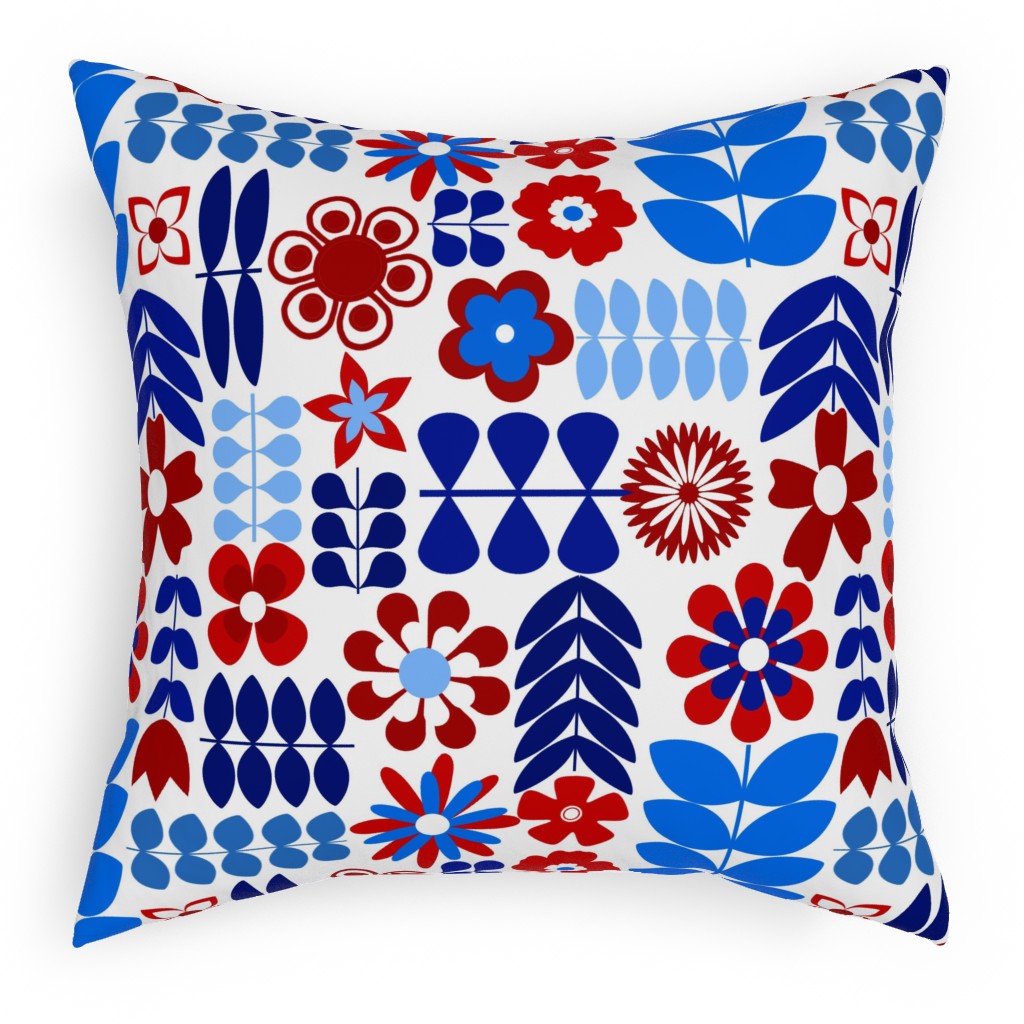 Patriotic Flowers - Red, White and Blue Pillow, Woven, White, 18x18, Double Sided, Multicolor