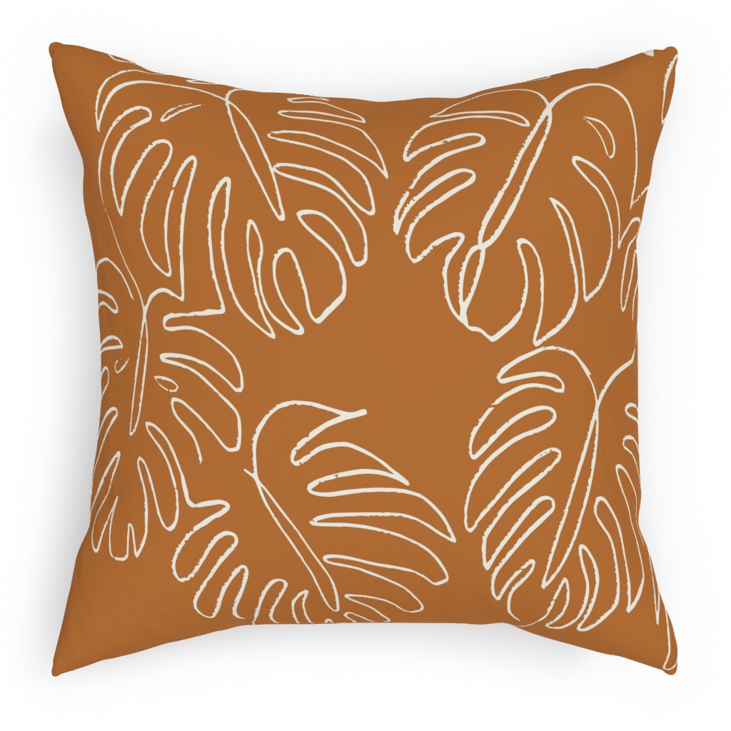 Monstera Line Art - Burnt Orange Pillow, Woven, White, 18x18, Double Sided, Orange