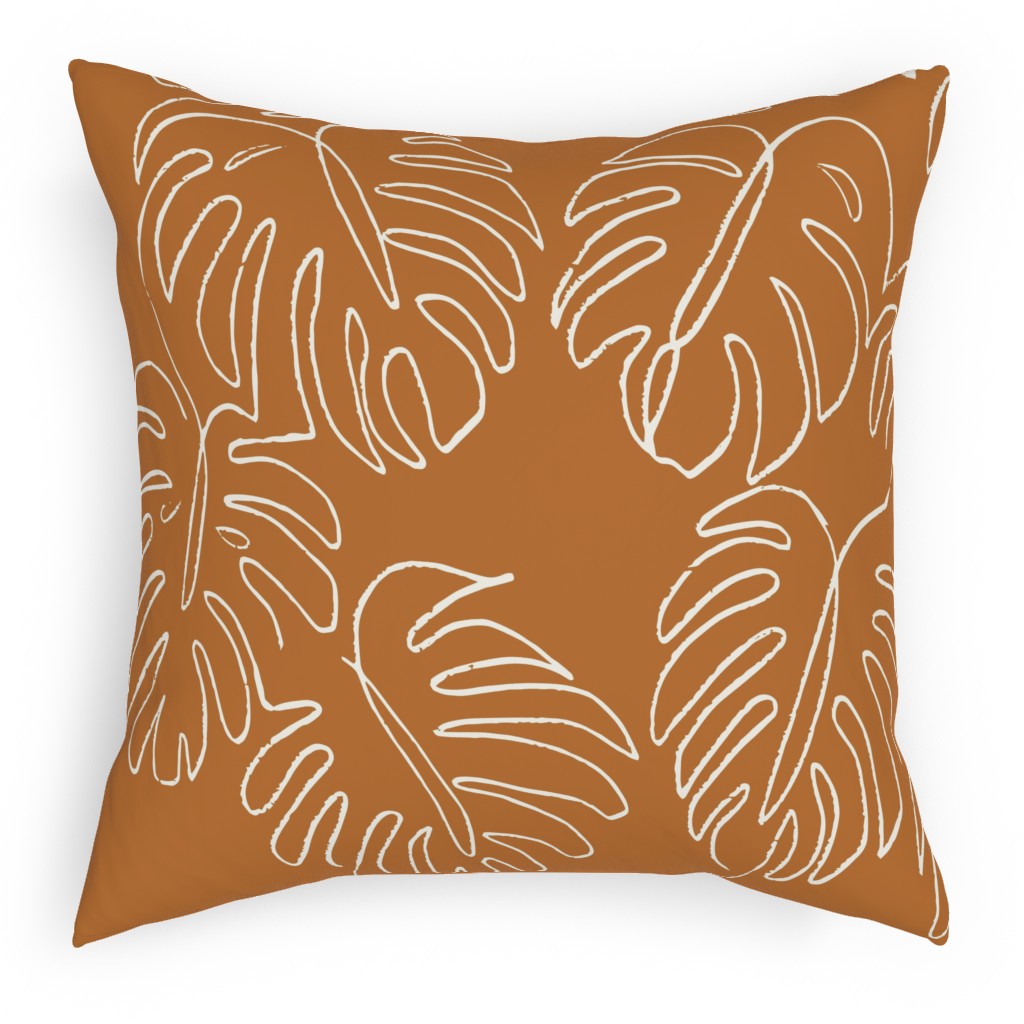 Monstera Line Art - Burnt Orange Pillow, Woven, White, 18x18, Double Sided, Orange, Orange