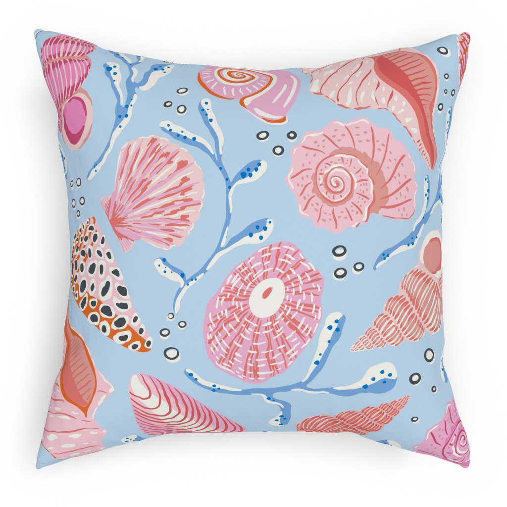 Seashells - Pink on Blue Pillow, Woven, White, 18x18, Double Sided, Blue