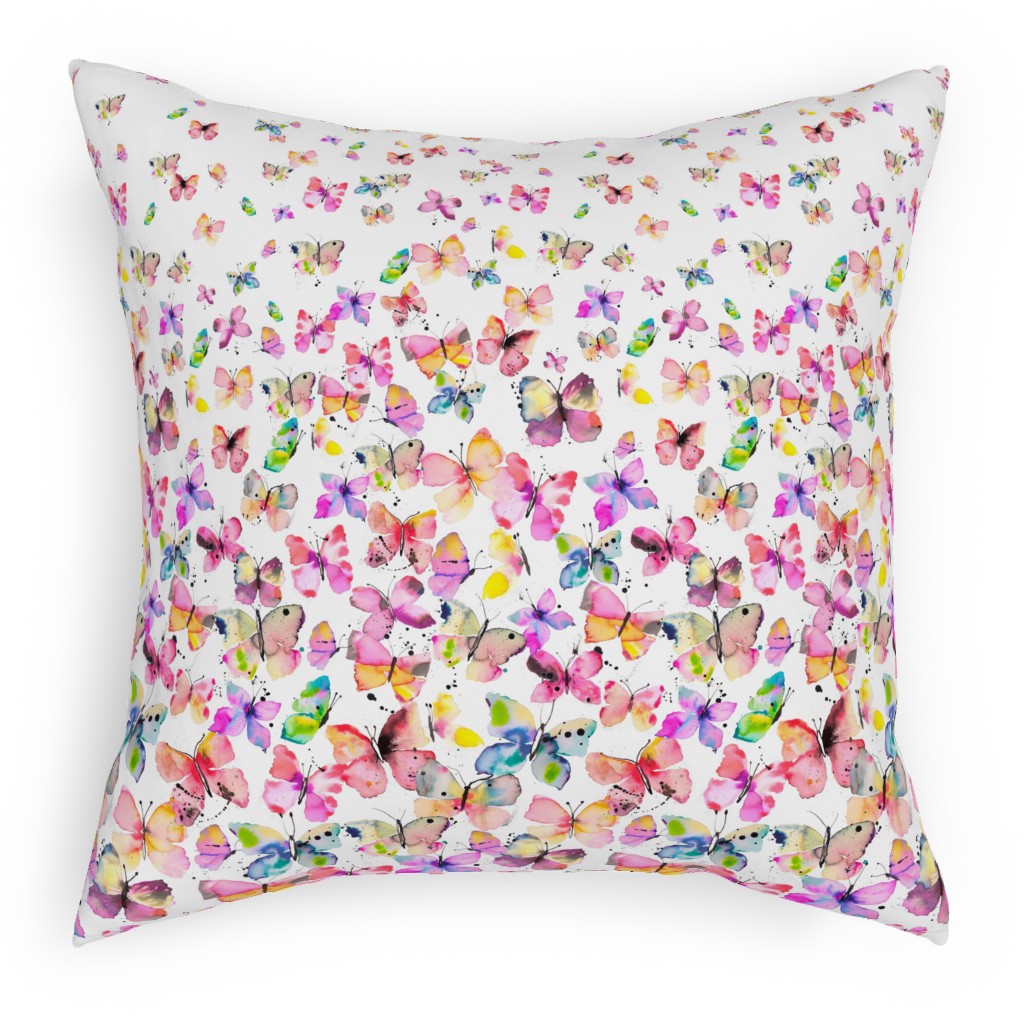 Watercolor Butterflies - Multicolor Pillow, Woven, White, 18x18, Double Sided, Multicolor