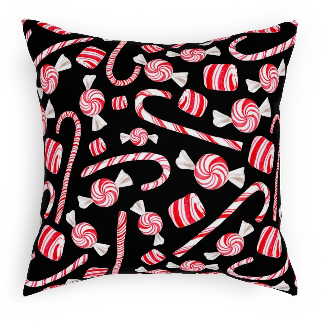 Christmas Candy Canes - Black Pillow, Woven, White, 18x18, Double Sided, Red