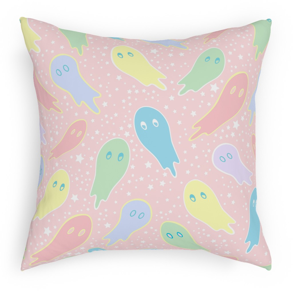 Pastel Ghosts on Pink Pillow, Woven, White, 18x18, Double Sided, Multicolor