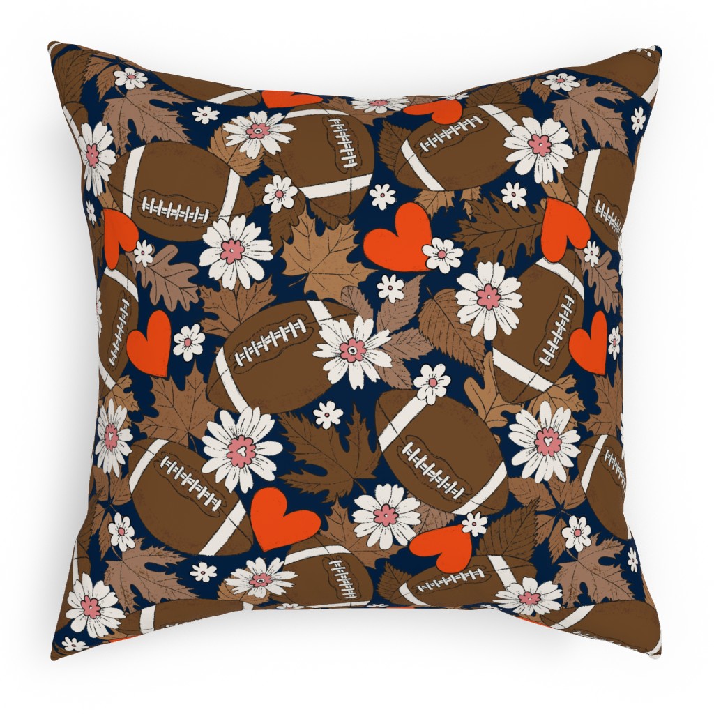 Football Fall and Florals Pillow, Woven, White, 18x18, Double Sided, Black