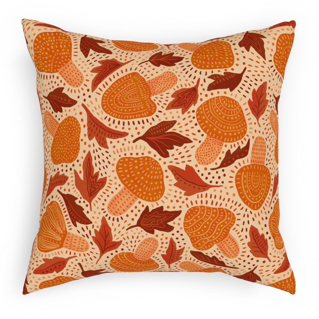 Autumn Mushrooms and Fallen Leaves Pillow, Woven, White, 18x18, Double Sided, Orange