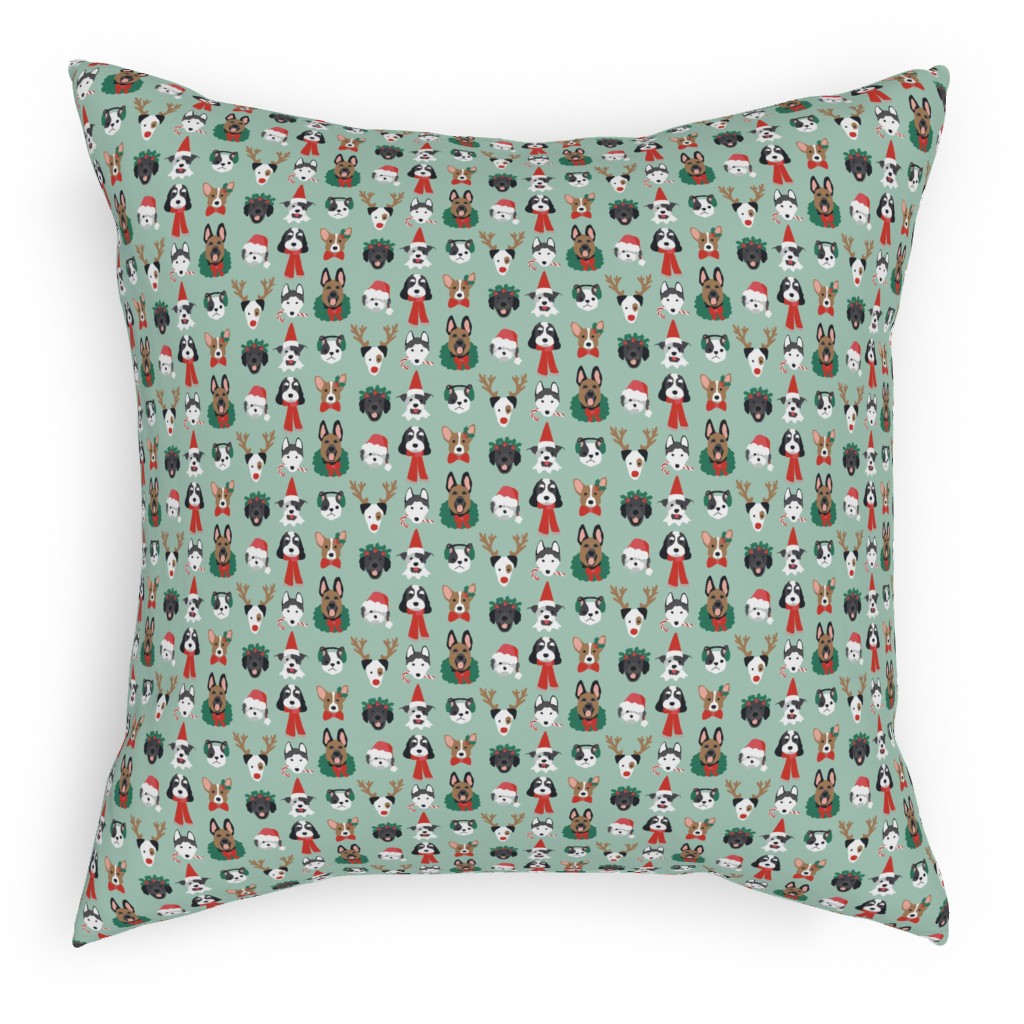 Christmas Holiday Puppy Dogs - Green Pillow, Woven, White, 18x18, Double Sided, Green