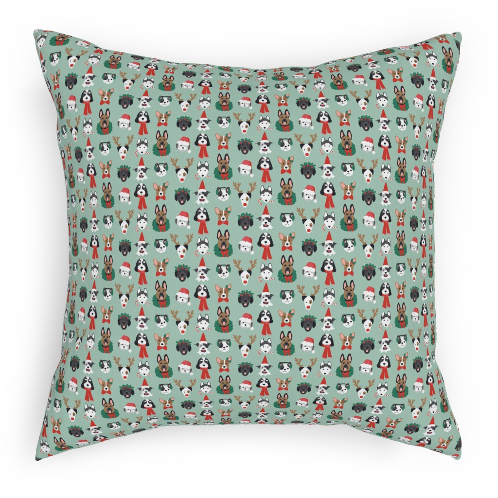 Christmas Holiday Puppy Dogs - Green Pillow, Woven, White, 18x18, Double Sided, Green, Classic Green