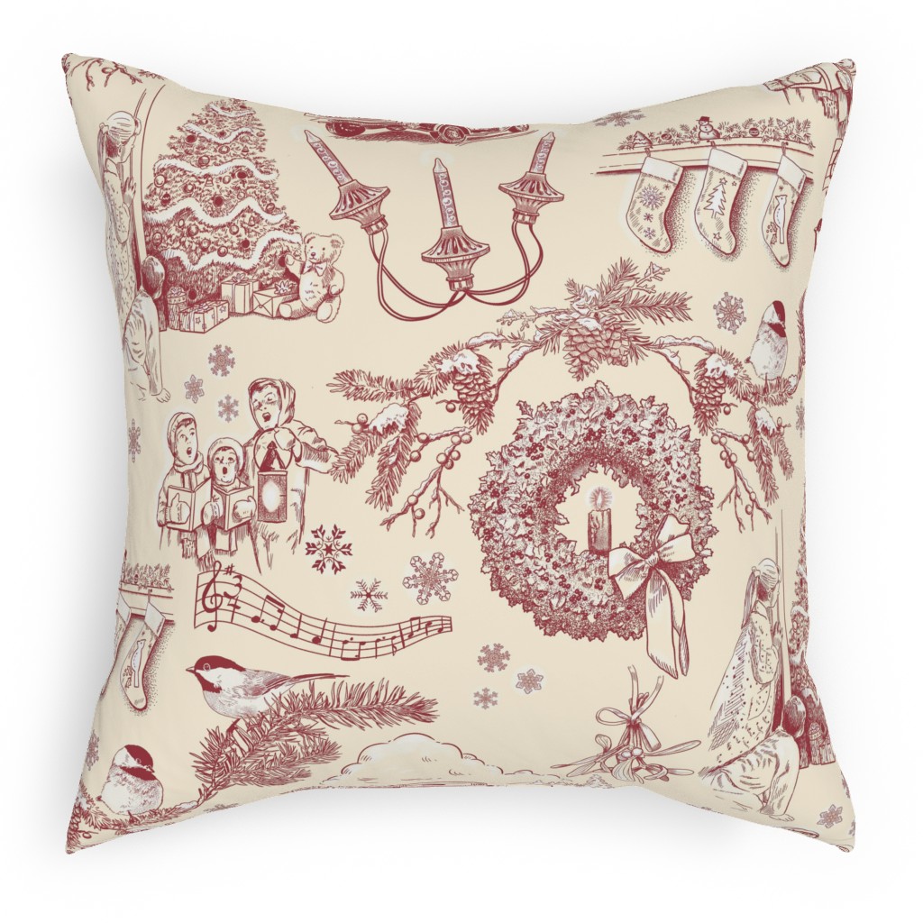 Holiday Traditions Toile - Red on Cream Pillow, Woven, White, 18x18, Double Sided, Red
